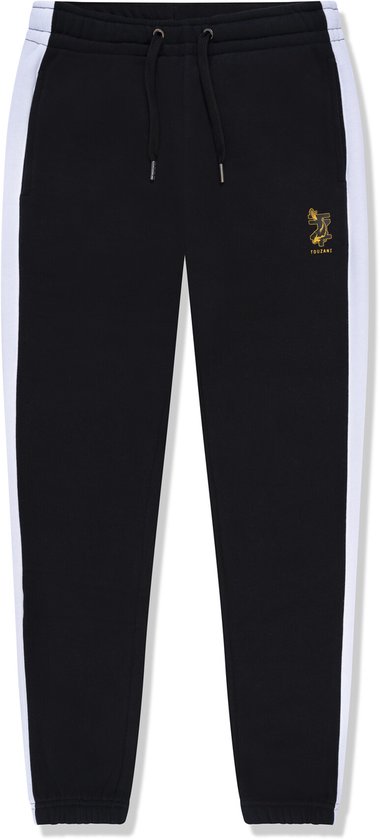 Zwarte joggingbroek met witte strepen aan de zijkant en 'TOUZANI'-logo op de heup. De broek heeft een trekkoord aan de taille.