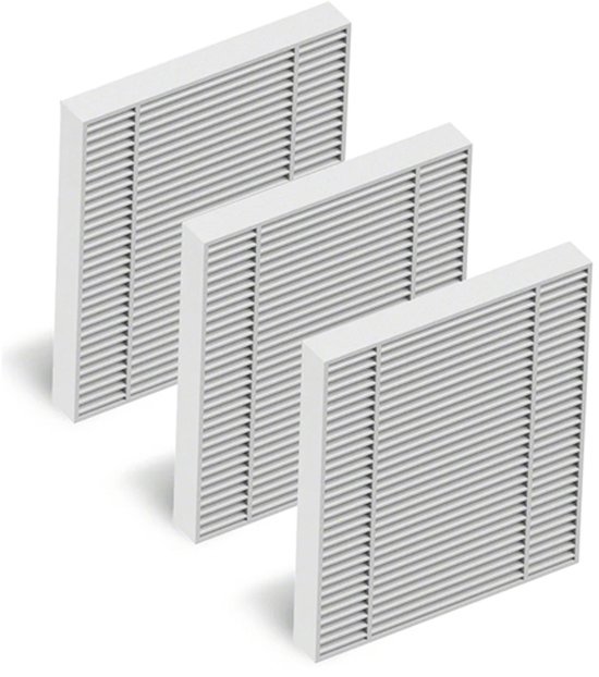 Drie witte filters met horizontale lamellen, elk van verschillende grootte.
