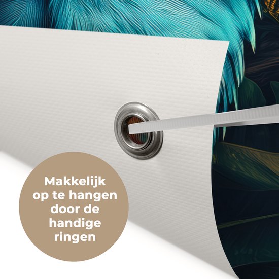 Tuinposter 50x50 cm - Tuindecoratie Papegaai - Vogel - Kleurrijk - Bloemen - Bladeren - Poster voor in de tuin - Buiten decoratie - Schutting tuinschilderij - Tuindoek muurdecoratie - Wanddecoratie balkondoek