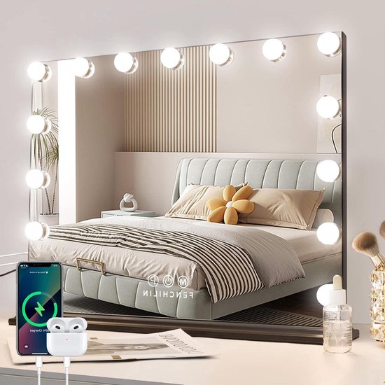 Hollywood-spiegel met 3 lichtmodi, 12 ledlampen, make-upspiegel met make-up-kaptafel, 360° vrije rotatie, gemakkelijk schoon te maken, make-upspiegel met slimme aanraakbediening voor slaapkamer, wit