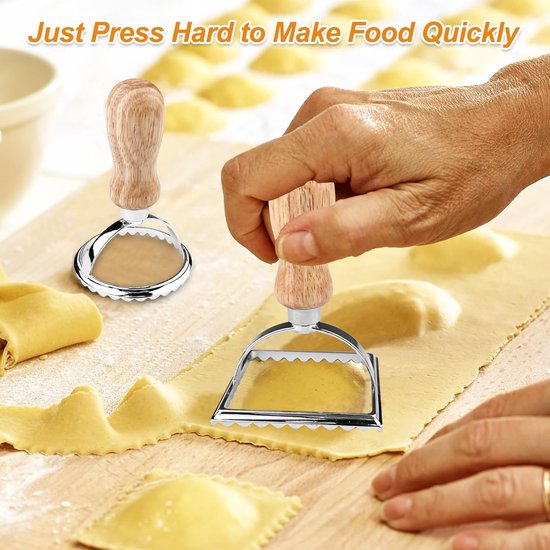 Ravioli, set van 4 stuks, ravioli uitsteekvormpjes, deegzakvorm, deegroller gegolfd, ravioli roller met houten handvat, ravioli-stempel met geribbelde rand, multifunctionele pastasnijder van Gwhole — afbeelding 4