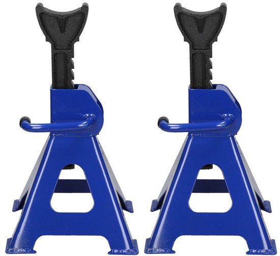 Twee blauwe krikstandaards met zwarte verstelbare bovenstukken, geïsoleerd op witte achtergrond.
