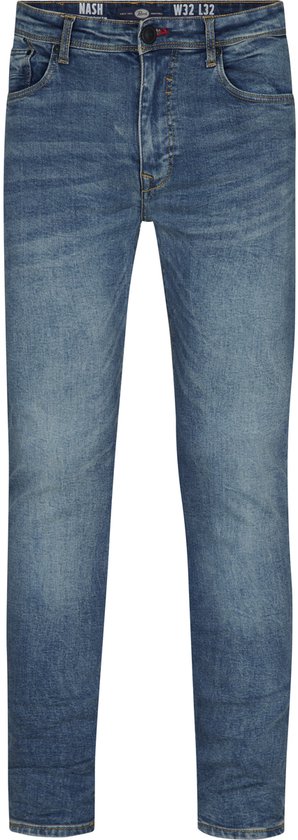 Blauwe spijkerbroek van Nash, nauwsluitend model, met knoopsluiting en riemlussen. Label 'W32 L32' zichtbaar.