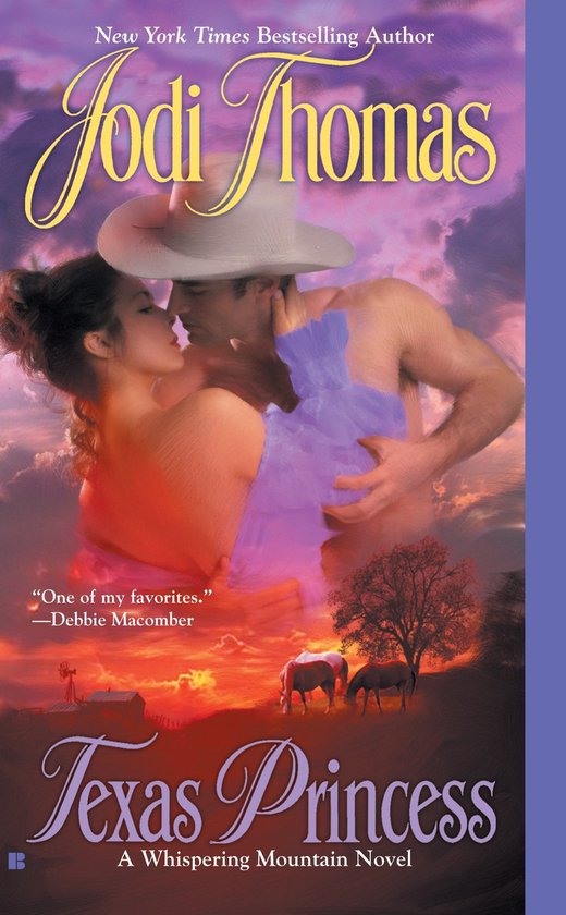 Boekomslag van Texas Princess door Jodi Thomas, met een kussend stel bij een paardenwei tijdens een vurige zonsondergang.