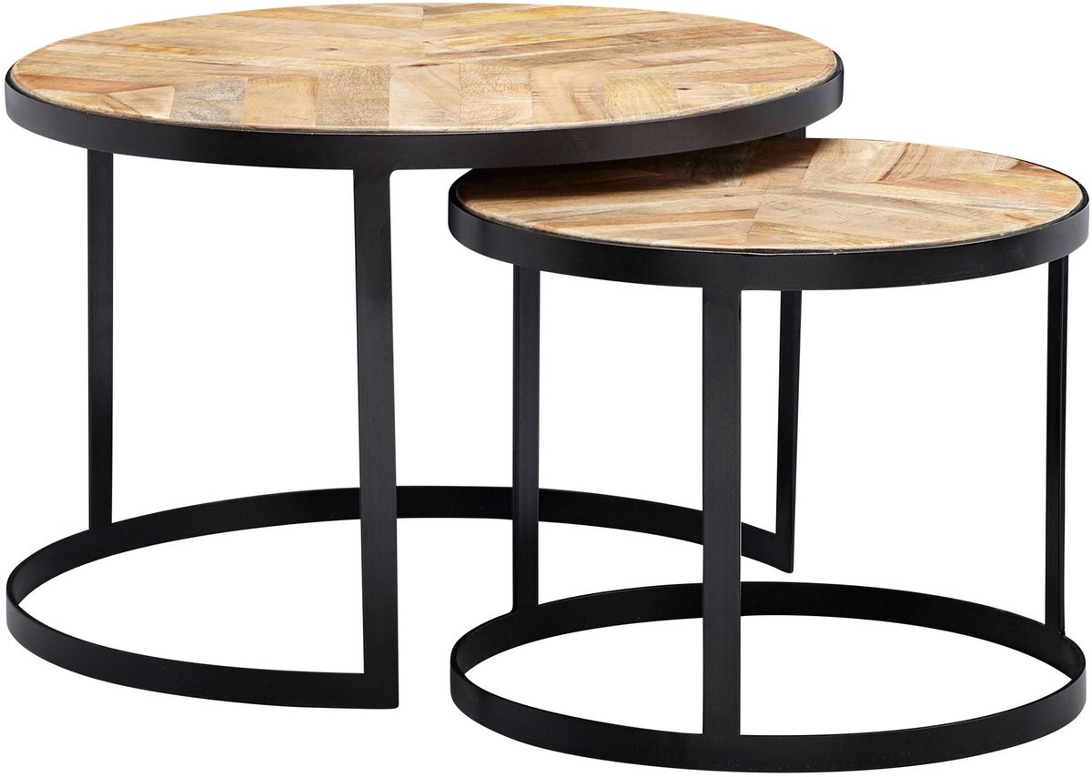 Industrieel In Huis Salontafelset Rond set van 2 - Mangohout Hout - Bijzettafels - Salontafel Rond - Bijzettafeltjes Woonkamer - Salon Tafel Mangohout Rond - Salontafel industrieel Landelijk - Tafeltje Set 2 stuks (Ø60 cm & Ø44cm) Bruin, Zwart