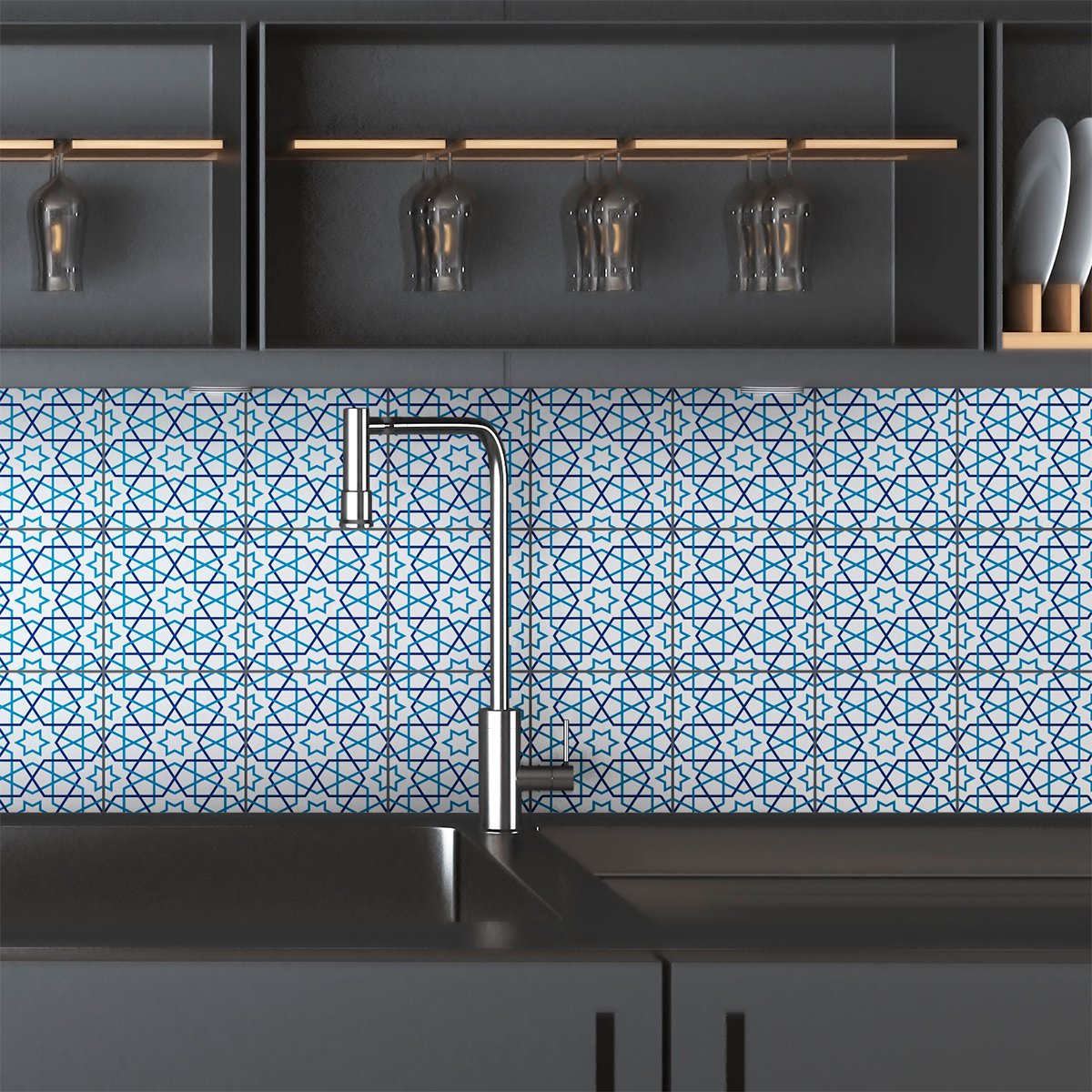 Ambiance Sticker Muurstickers voor keuken en badkamer - 9 Oosterse cementtegelstickers - Ajman - 9 stickers 20x20cm Multi color
