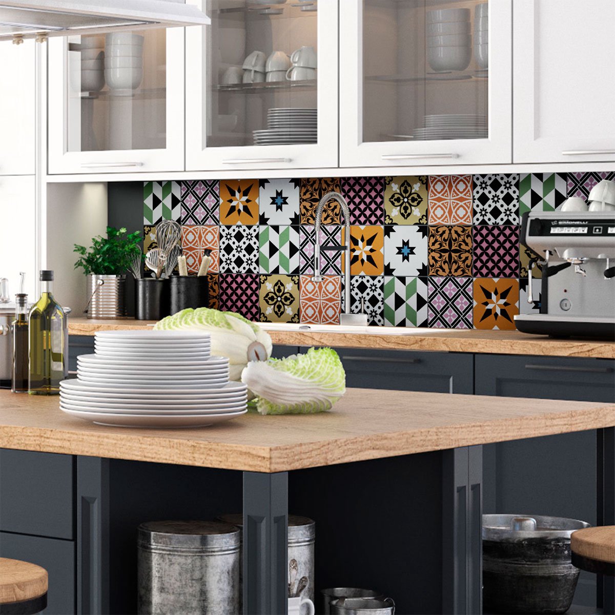 Ambiance Sticker Zelfklevende tegelmuurstickers voor keuken en badkamer - 9 Estrala Azulejos cementtegelstickers - 9 stickers 20x20cm Multi color