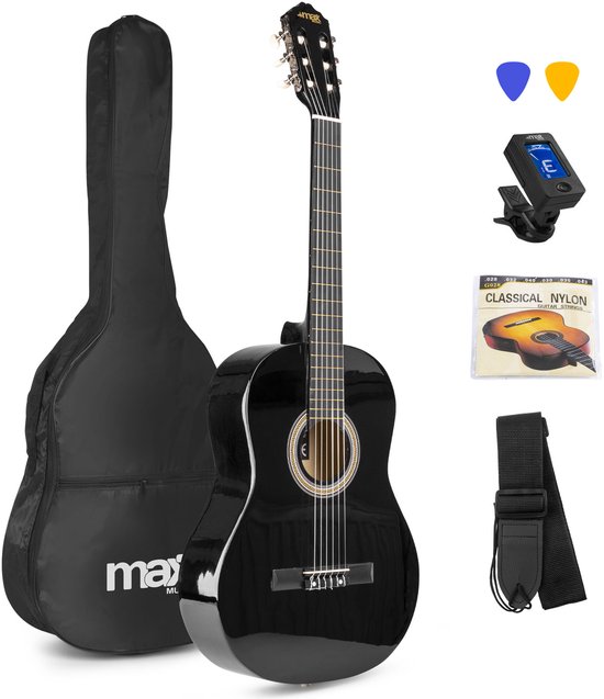Klassieke Akoestische Gitaar met Nylon Snaren - MAX SoloArt - Beginnersset met Accessoires - Zwart