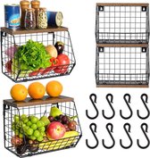 LustLocke Fruitmand, fruitschaal voor keuken, wandstapelbaar, fruitetagère met houten deksel en 4 haken, metalen opslag voor uien, aardappelen, knoflook, zwart
