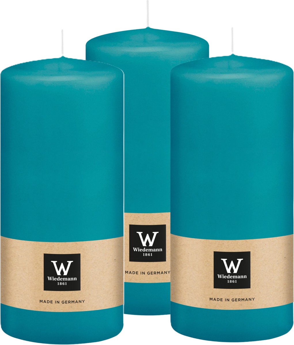 Wiedemann Cilinderkaars/stompkaars - 3x - turquoise blauw - 15 x 7 cm - 63 branduren - zuilkaarsen