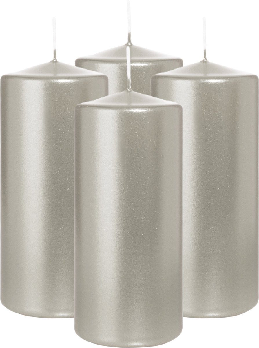 Wiedemann Cilinderkaars/stompkaars - 4x - metallic zilver - 15 x 7 cm - 63 branduren - zuilkaarsen
