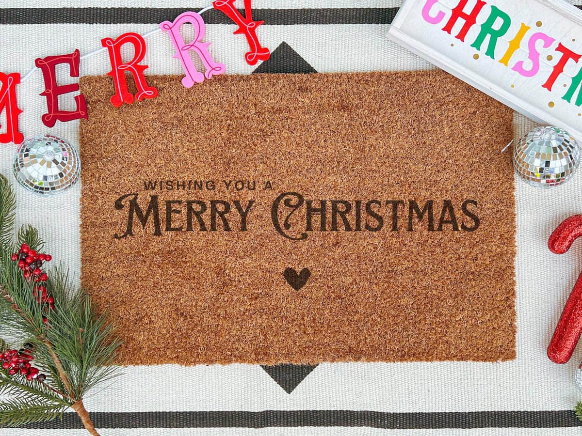 Laser-Point Wishing You A Merry Christmas | 60x40 cm | Nieuwe huis cadeau | Ingangsmat | Deurmat met stijl | Verhuizing cadeau | Praktisch & trendy | Perfect voor binnenkomst | Cadeau voor nieuwe woning Bruin | Zwart (Gravering 60x40)