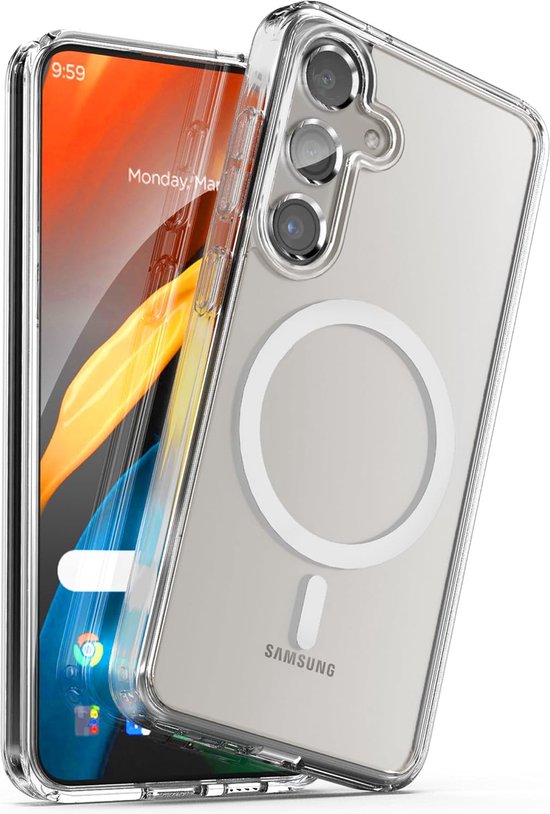 Transparante Samsung hoes met camera-uitsparing en MagSafe-ring.