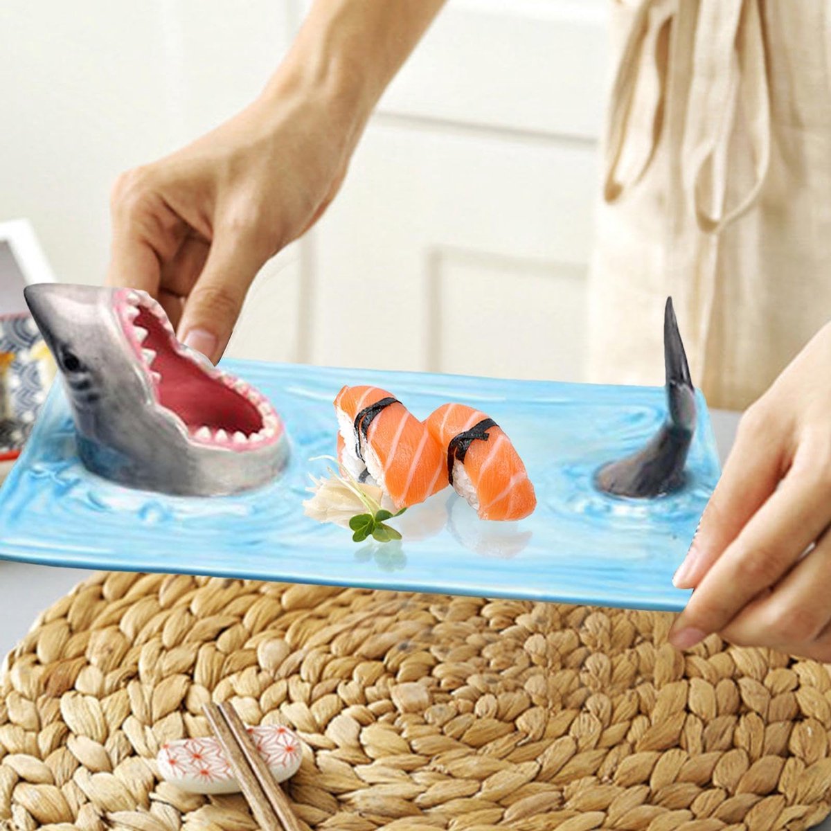 Haai Keramische Sushi Plaat Creatieve Haai Vormige Handgeschilderde Gerechten Met Sojasaus En Grappige Eetstokhouder
