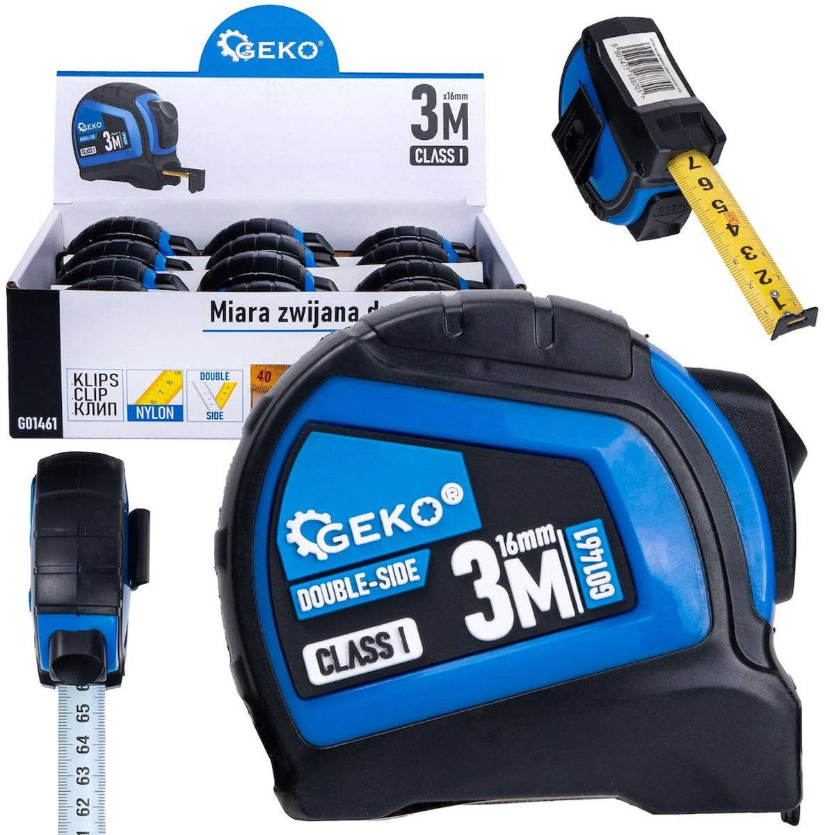 GEKO Dubbelzijdige meetlint met autostop - 3m - Nylon coating - Klasse I nauwkeurigheid - 12 stuks