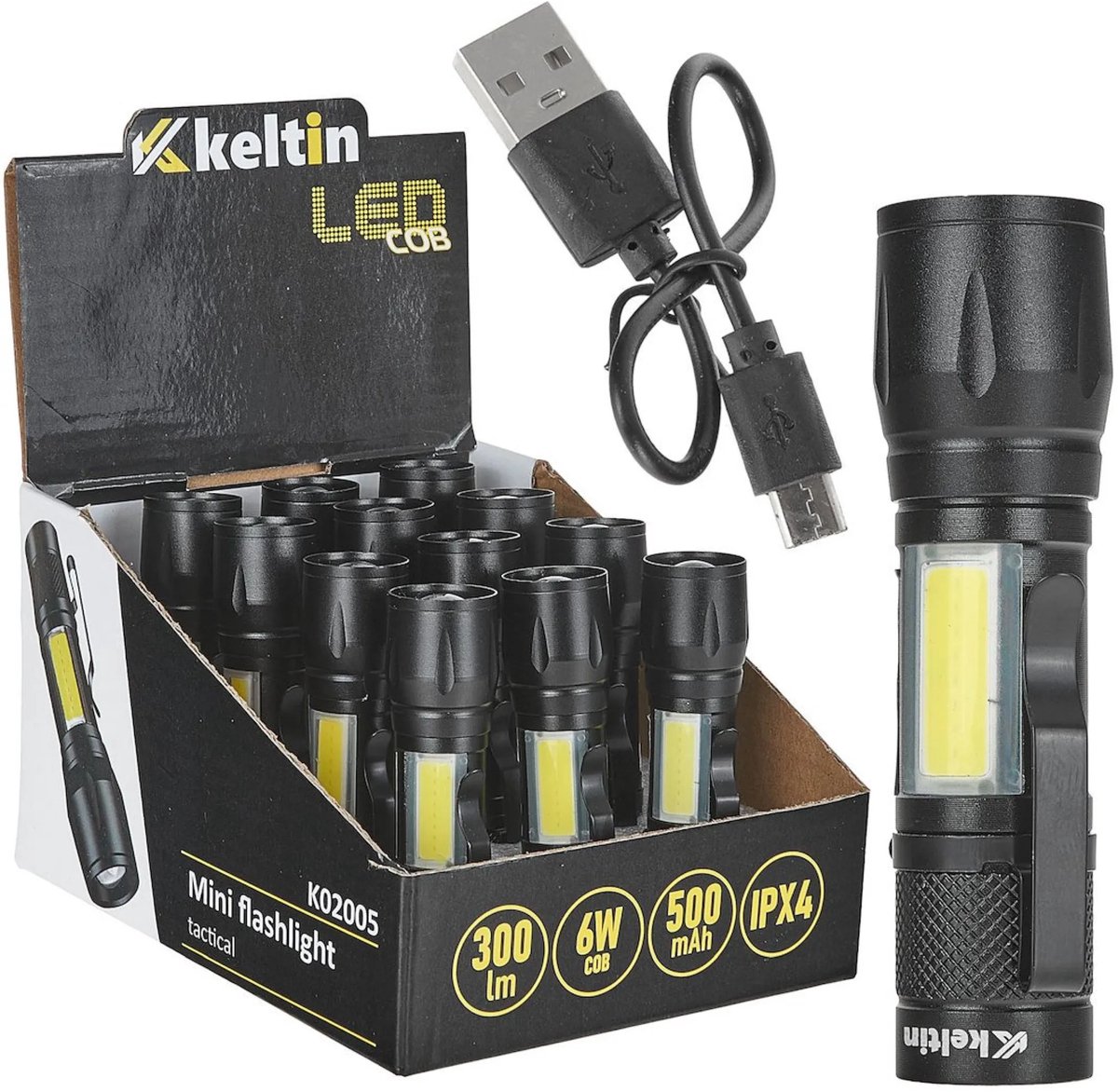 Keltin Mini tactische zaklamp - LED 10W - 500lm - IPX5 - compact ontwerp - 12 stuks