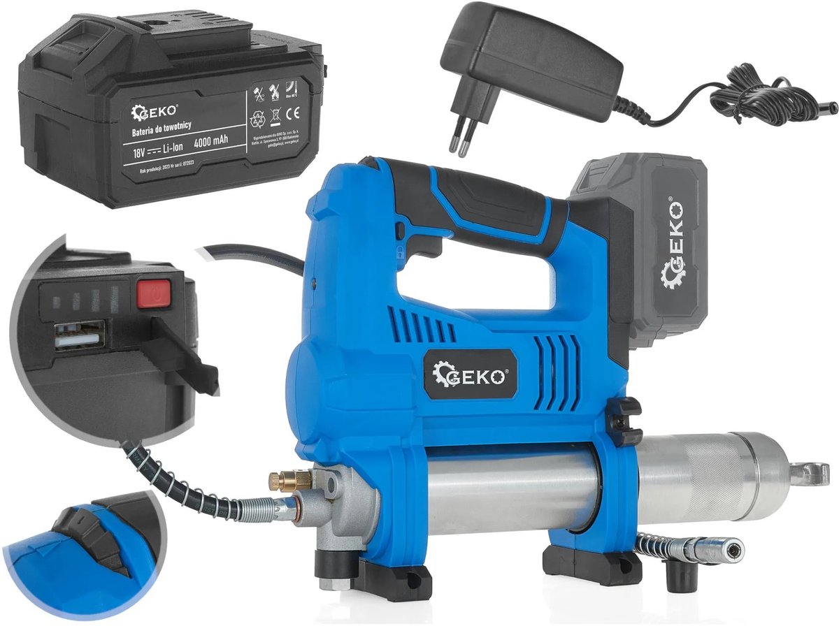 GEKO Draadloze vetspuit - 18V - Variabele snelheid - LED-licht - 4.0 Ah batterij inbegrepen