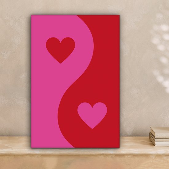 Tableau sur toile 20x30 cm - Décoration murale Minimaliste - Rouge - Rose - Hartjes - Décoration murale murale salon - Décoration chambre - Accessoires chambre - Peintures sur toile