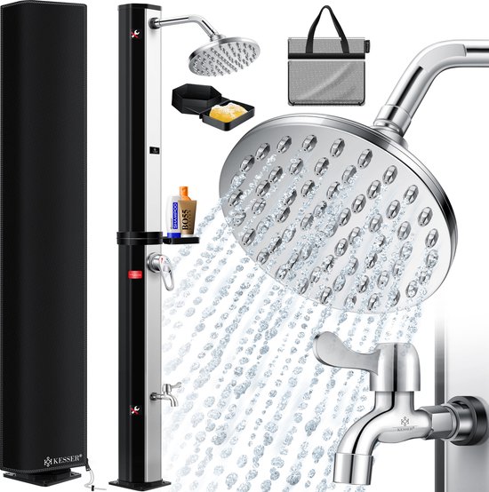 tillvex zonnedouche 40 liter inclusief Beschermhoes | Tuindouche voor de tuin warm water | Zwembad-douche camping | zonder stroomaansluiting | met kraan en regendouchekop | Tuinslangaansluiting
