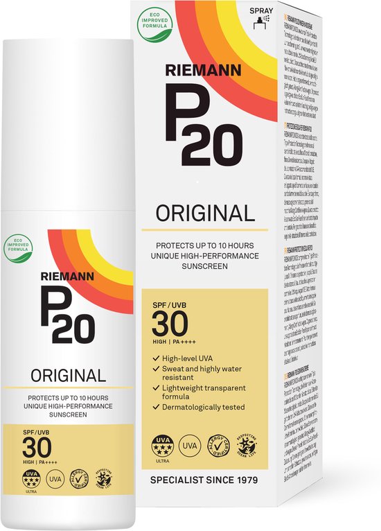 Fles en doosje van P20 Original SPF 30 zonnebrandspray met eco improved formula.
