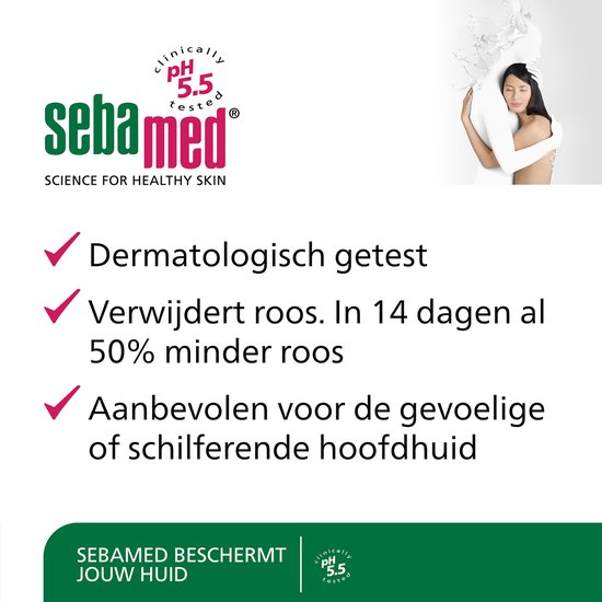 Afbeelding met checklist voor Sebamed: Dermatologisch getest, verwijdert roos, aanbevolen voor gevoelige huid. Sebamed beschermt jouw huid.