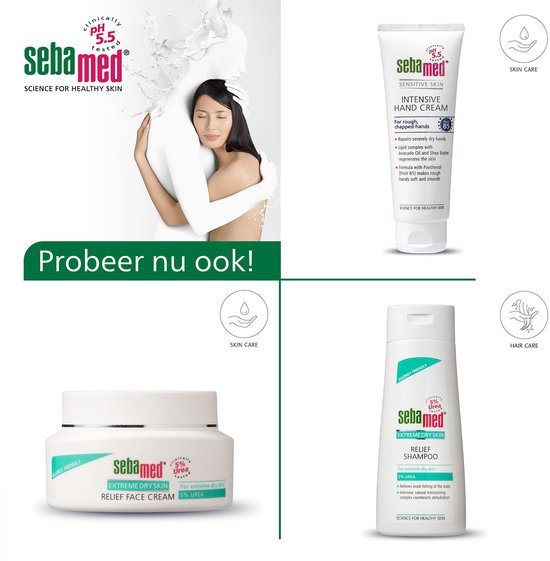 Sebamed Intensieve Handcrème en Relief Face Cream, met de kenmerkende witte verpakking, naast een flesje Sebamed Relief Shampoo.