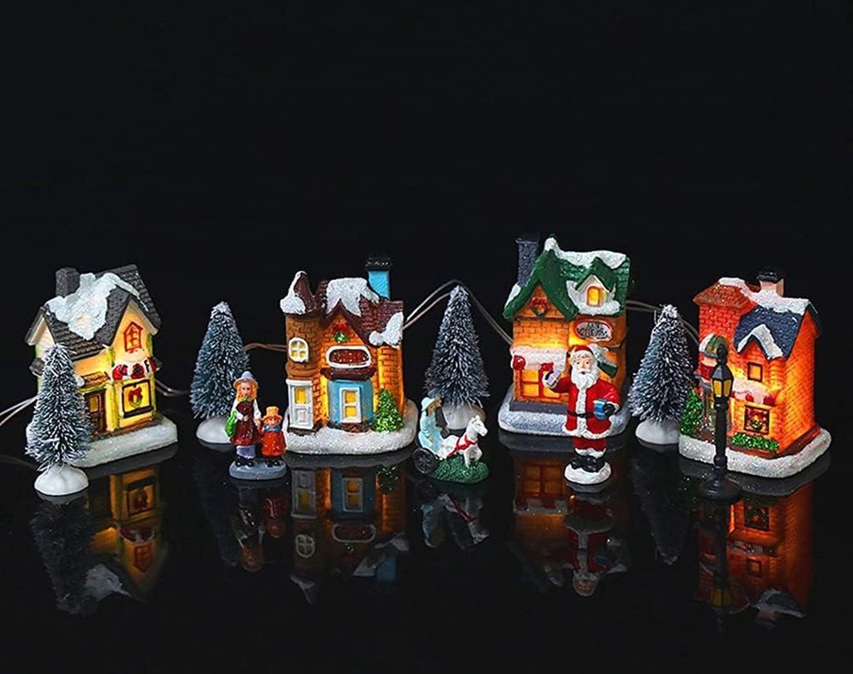 Kerstdorp Set LED Verlichte Miniatuur Huizen Stad - Huis 10 Stks Hars Kerst Scene Dorp - Kerst Beeldjes Ornament . – foto 2