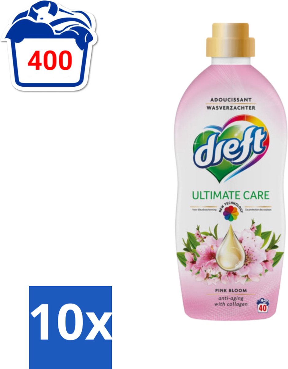10 x Dreft - Ultimate Care - Wasverzachter - Roze Bloem - Anti-Veroudering - 40 Wasbeurten - Voordeelverpakking - 10 stuks