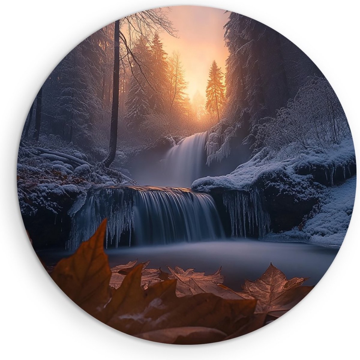 Saammp Muurcirkel Hout - Groot blad bij beekje - Landschap - Natuur - Ø 80 - Wandcirkel - Wanddecoratie Cirkel - Muurdecoratie Woonkamer - Slaapkamer decoratie - Rond Schilderij