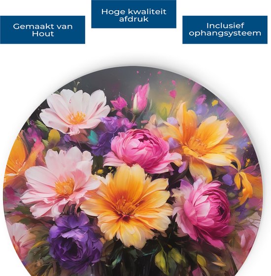 Saammp Muurcirkel Hout - Abstracte bloemen in vaas - kleurrijk - Natuur - Ø 80 - Wandcirkel - Wanddecoratie Cirkel - Muurdecoratie Woonkamer - Kantoor Decoratie