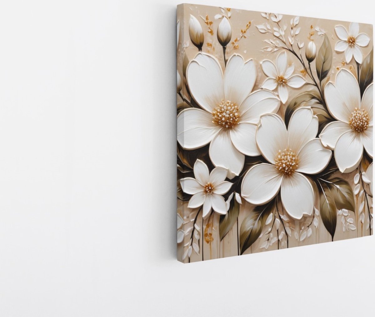 Saammp Canvas Schilderij - Witte Bloemen - Natuur - Abstract - 60x60 - Foto op canvas - Wanddecoratie - Muurdecoratie Woonkamer - Kantoor Decoratie Multicolor