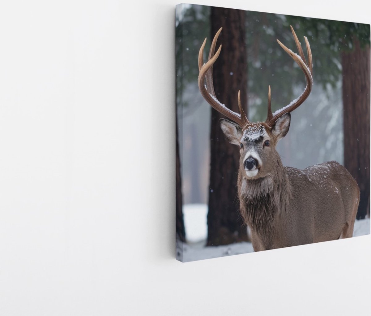 Saammp Canvas Schilderij - Hert in het bos met sneeuw - Natuur - Dieren - 100x100 - Foto op canvas - Wanddecoratie - Muurdecoratie Woonkamer - Slaapkamer decoratie - Canvas Print Multicolor