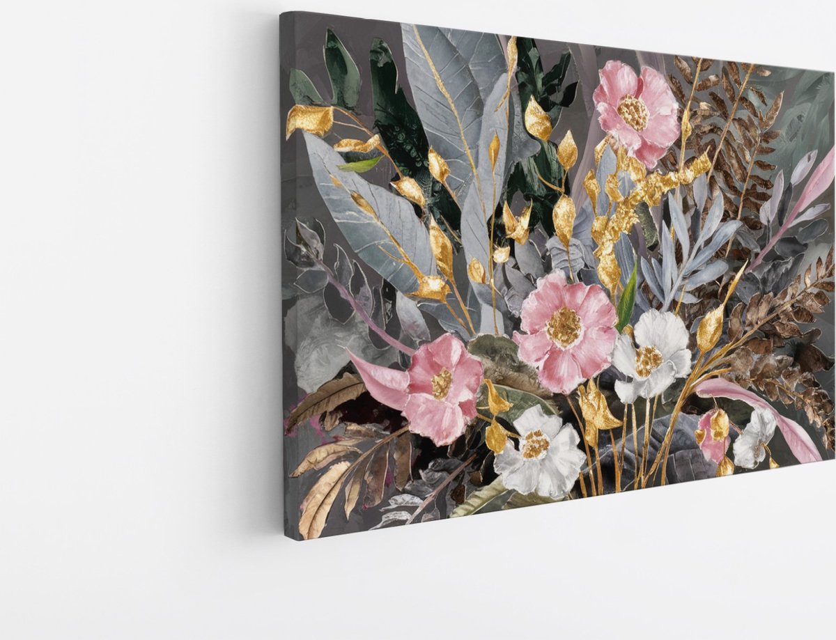 Saammp Canvas Schilderij - Abstracte bloemen met goud en roze - 150x100 - Foto op canvas - Wanddecoratie - Muurdecoratie Woonkamer - Kantoor Decoratie Multicolor