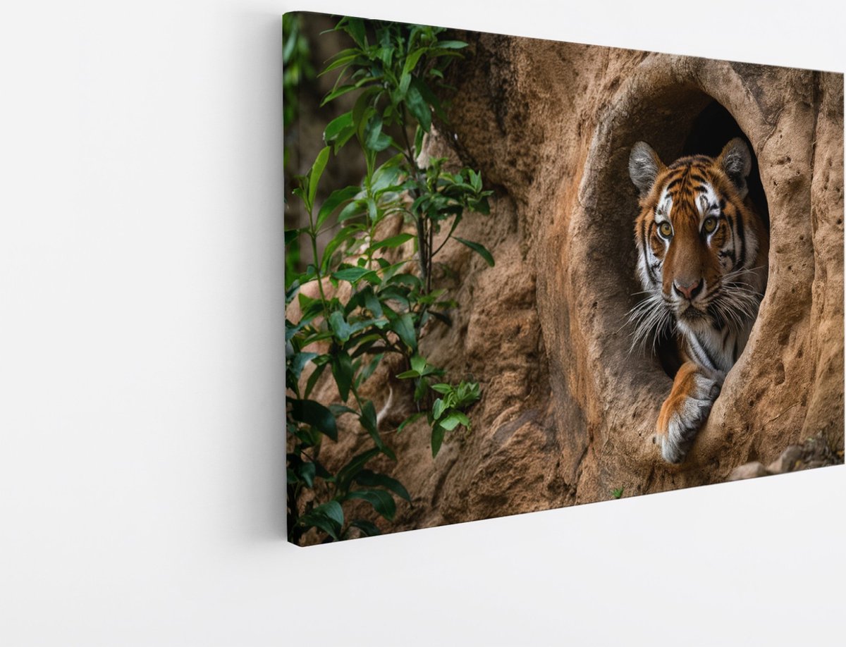 Saammp Canvas Schilderij - Tijger met groot gat - Natuur - Dieren - 60x40 - Foto op canvas - Wanddecoratie - muurdecoratie Woonkamer - Slaapkamer decoratie - Canvas Print Multicolor