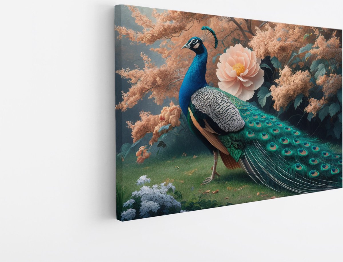Saammp Canvas Schilderij - Pauw met Lotusbloem - Dieren - Natuur - 45x30 - Foto op canvas - Wanddecoratie - muurdecoratie Woonkamer - Slaapkamer decoratie - Canvas Print Multicolor
