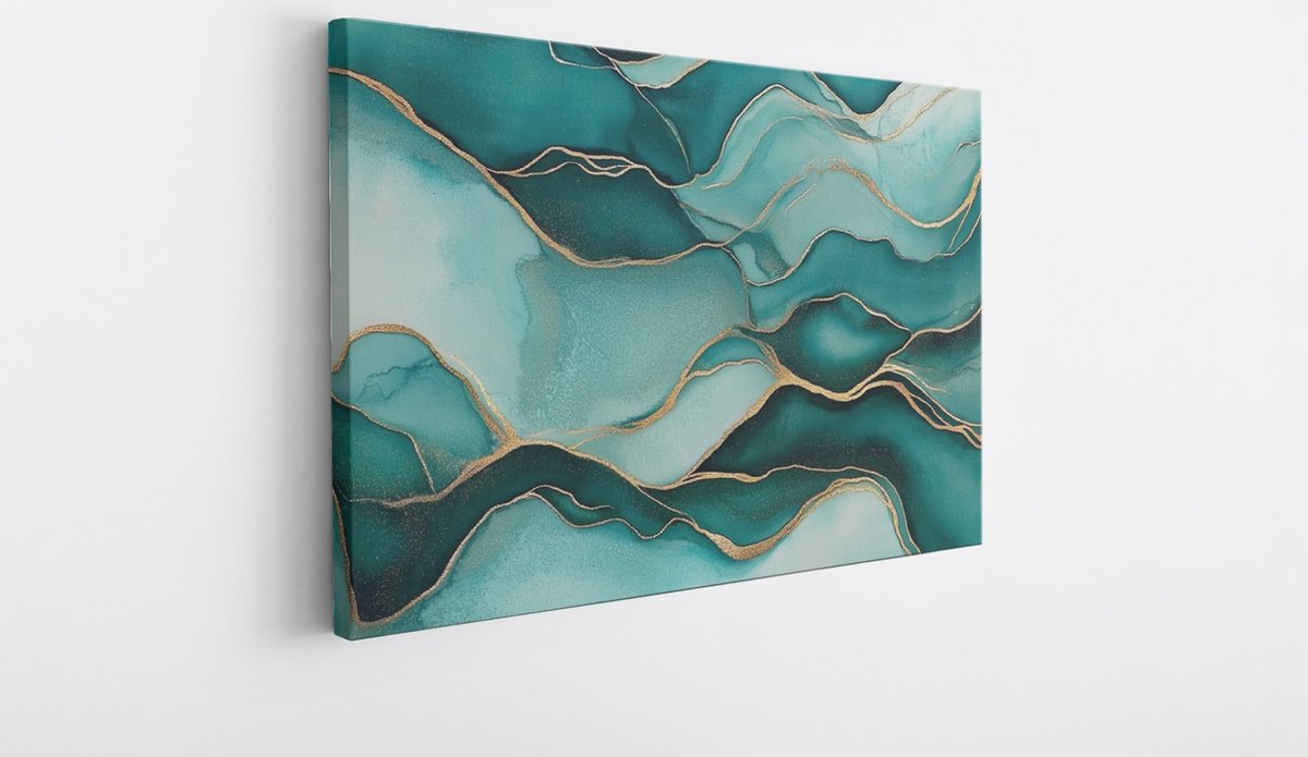 Saammp Canvas Schilderij - turqoise - Goud - marmer - Abstracte wanddecoratie- 40x30 - Foto op canvas - Wanddecoratie - Muurdecoratie Woonkamer - Kantoor Decoratie Multicolor