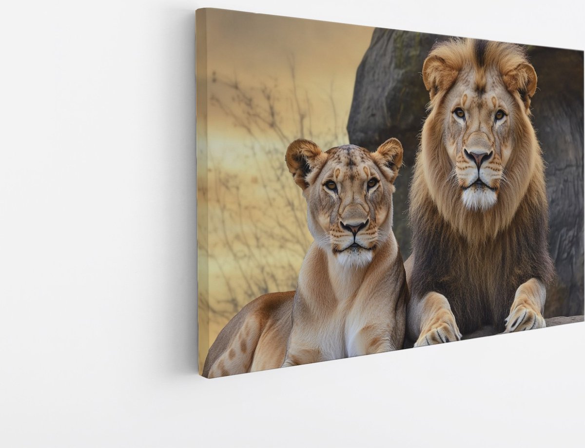 Saammp Canvas Schilderij - Leeuw en Leeuwin op grote steen - Dieren - Natuur - 90x60 - Foto op canvas - Wanddecoratie - Muurdecoratie Woonkamer - Slaapkamer decoratie - Canvas Print Multicolor