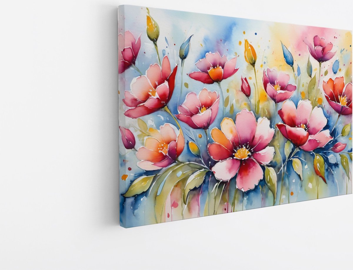 Saammp Canvas Schilderij - Roze Bloemen - Abstract - Kleurijk - 90x60 - Foto op canvas - Wanddecoratie - Muurdecoratie Woonkamer - Kantoor Decoratie Multicolor