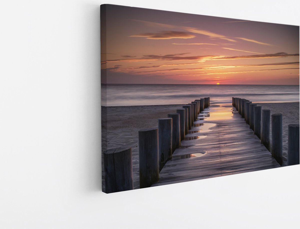 Saammp Canvas Schilderij - Steiger naar de zee met zonsondergang - Landschap - Natuur - 70x50 - Foto op canvas - Wanddecoratie - Muurdecoratie Woonkamer - Slaapkamer decoratie - Canvas Print Multicolor