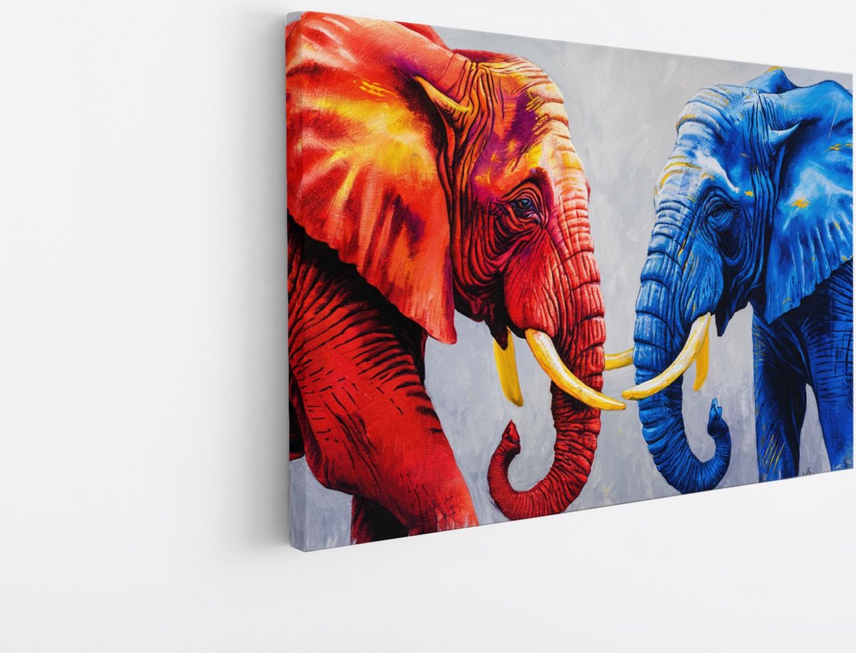 Saammp Canvas Schilderij - Olifant - Rood - Blauw - Dieren - 30x20 - Foto op canvas - Wanddecoratie - Muurdecoratie Woonkamer - Slaapkamer decoratie - Canvas Print Multicolor