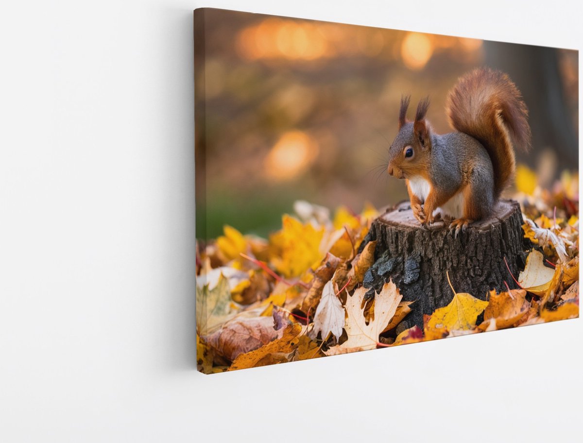 Saammp Canvas Schilderij - Eekhoorn op boomstam - Natuur - Dieren - 70x50 - Foto op canvas - Wanddecoratie - Muurdecoratie Woonkamer - Slaapkamer decoratie - Canvas Print Multicolor