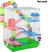 Mylucinda® Luxe Hamsterkooi – 5 Verdiepingen Met Plastic Speelbuizen – 46x30x58 cm – Inclusief Waterfles, Voerbak, Oefenwiel En Huisje