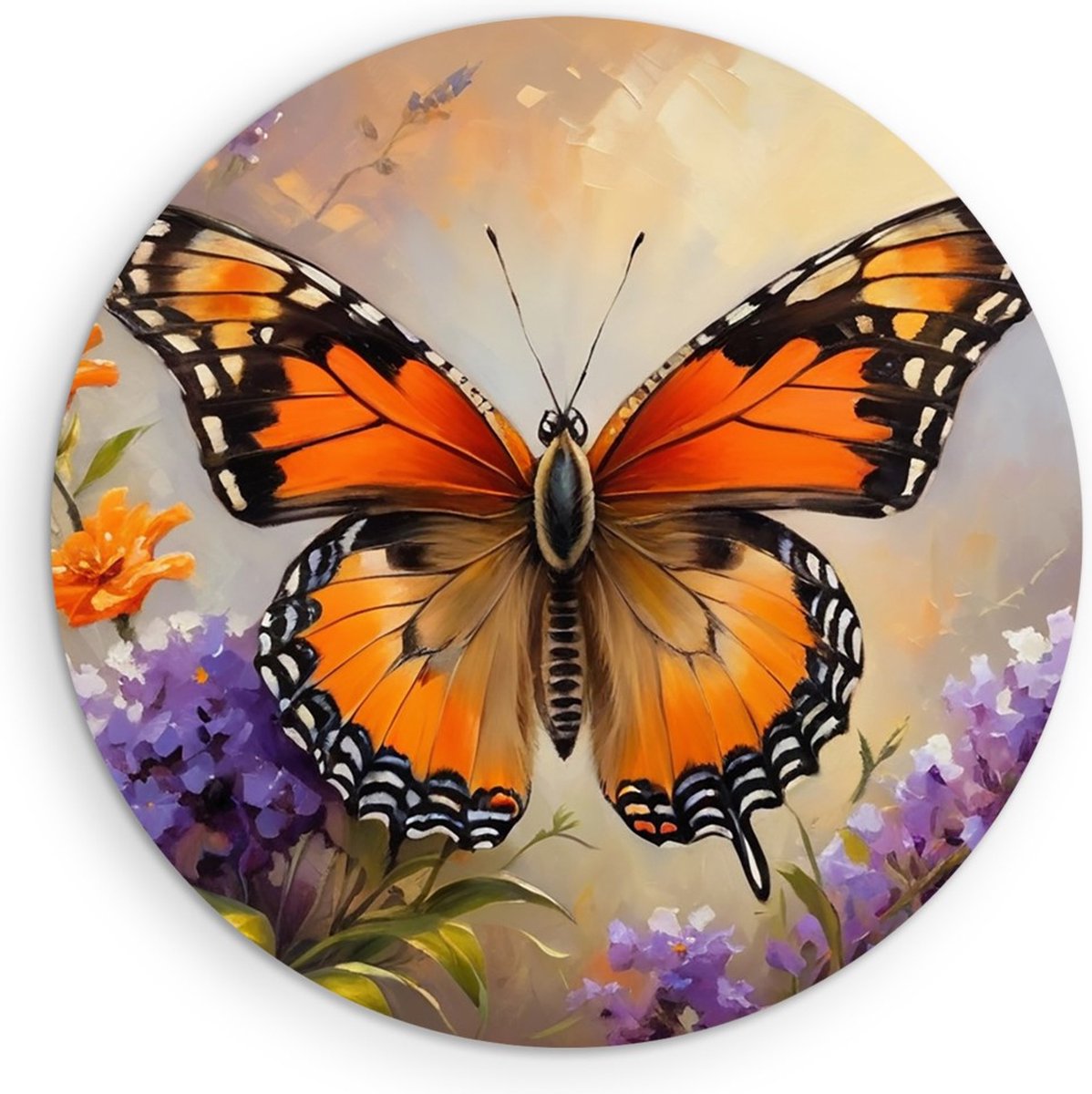 Saammp Forex Muurcirkel -Vlinder bij paarse bloemen - Dieren - Abstract - Ø 80 - Wandcirkel - Wanddecoratie Cirkel - muurdecoratie Woonkamer - Slaapkamer decoratie - Rond Schilderij
