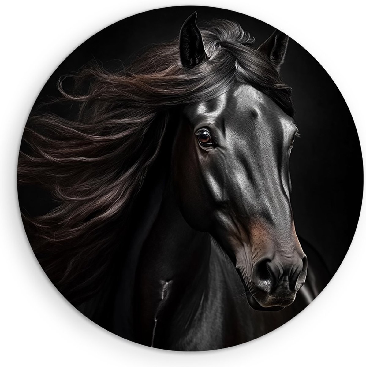 Saammp Forex Muurcirkel - Paard - Portret - Zwart - Kunst - Dieren - Natuur - Ø 80 - Wandcirkel - Wanddecoratie Cirkel - muurdecoratie Woonkamer - Slaapkamer decoratie - Rond Schilderij