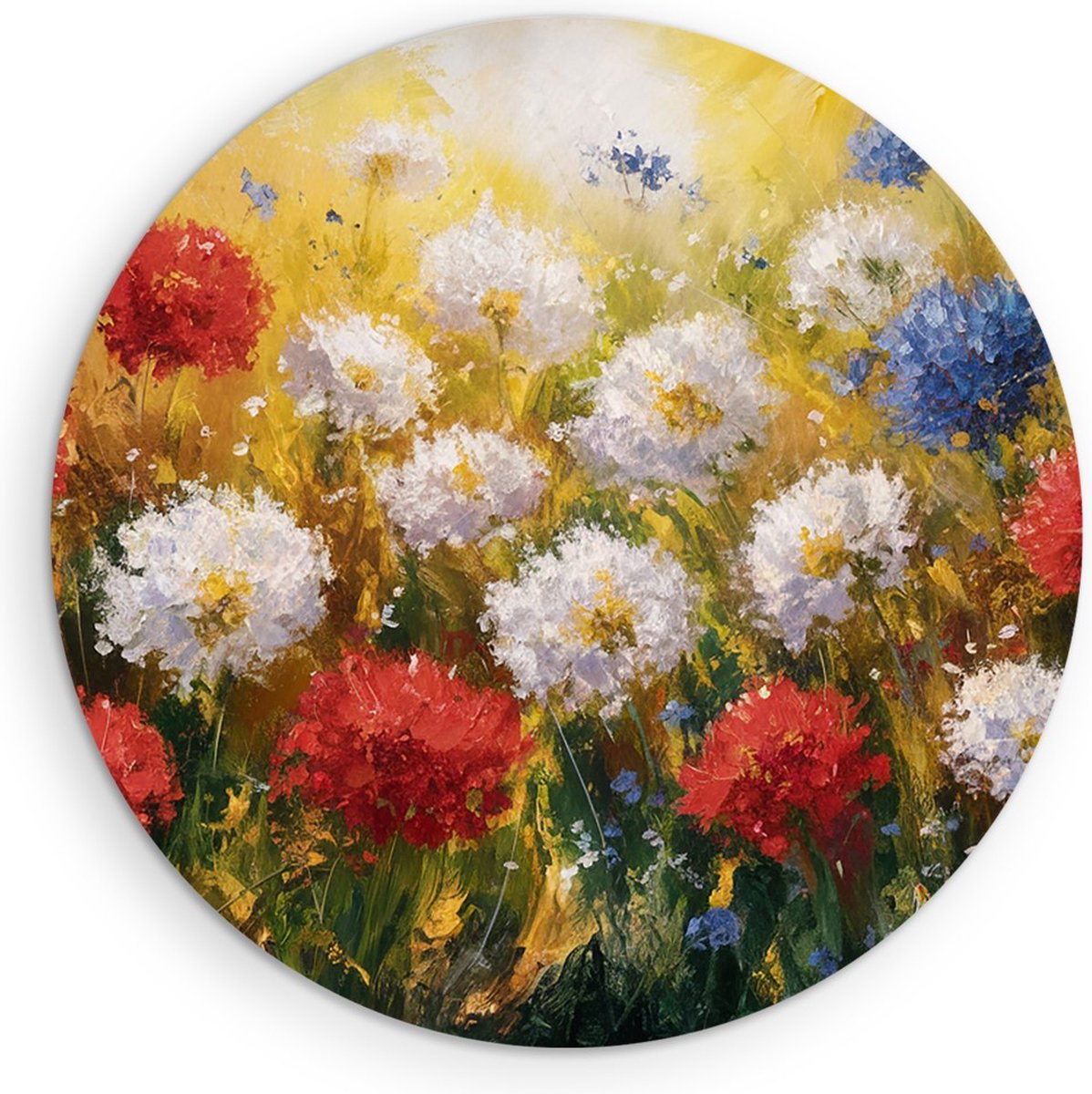 Saammp Forex Muurcirkel - Bloemen Weide Rood, Wit en Blauw - Natuur - Abstract - Ø 60 - Wandcirkel - Wanddecoratie Cirkel - Muurdecoratie Woonkamer - Kantoor Decoratie