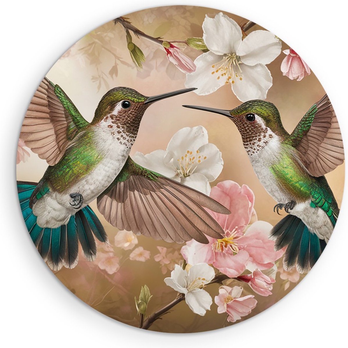 Saammp Forex Muurcirkel - 2 Kolibries tussen de bloemen - Dieren - Bloemen - Ø 30 - Wandcirkel - Wanddecoratie Cirkel - muurdecoratie Woonkamer - Slaapkamer decoratie - Rond Schilderij