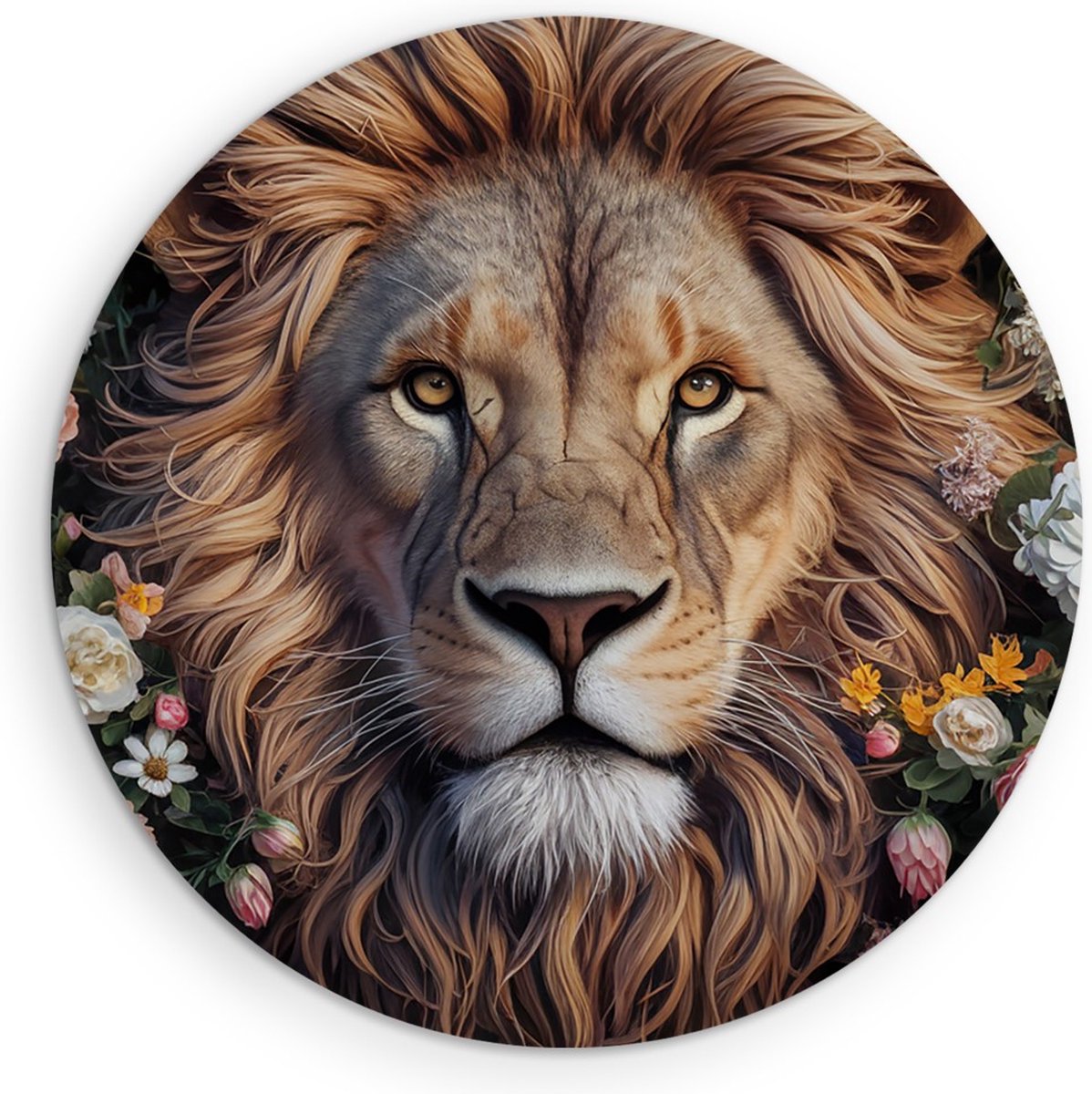 Saammp Forex Muurcirkel - Abstracte Leeuw tussen de bloemen - Dieren - Natuur - Ø 70 - Wandcirkel - Wanddecoratie Cirkel - Muurdecoratie Woonkamer - Slaapkamer decoratie - Rond Schilderij