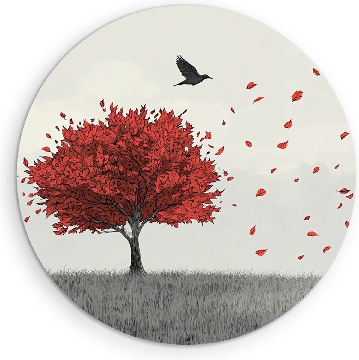 Saammp Muurcirkel Hout - Vogel bij rode boom - Dieren - Bloemen - Ø 70 - Wandcirkel - Wanddecoratie Cirkel - muurdecoratie Woonkamer - Slaapkamer decoratie - Rond Schilderij