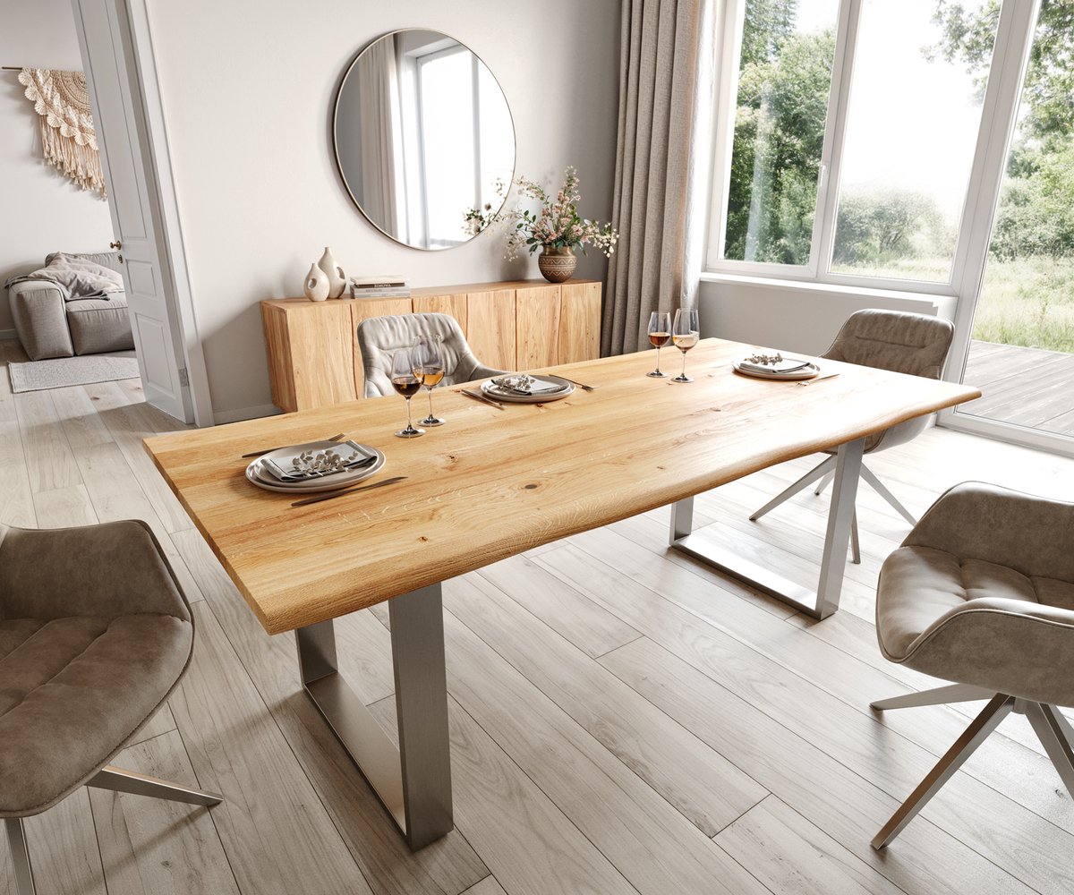 DELIFE Eettafel Edge eiken natuur 200x100x2,5-3 edelstaal smal Live-Edge Bruin
