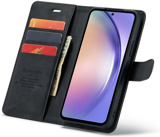 Étui portefeuille noir avec deux porte-cartes et compartiments pour billets, avec un téléphone en place.